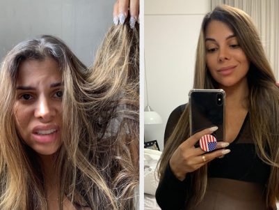 antes e depois cabelo loiro Evelyn Regly. Primeiro cabelo ressecado e sem vida. Depois cabelos brilhosos e alinhados.