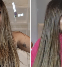 antes e depois: cabelo liso de evelyn regly antes e depois do uso da família novex divino liso milagroso da embelleze