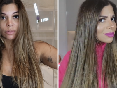 antes e depois: cabelo liso de evelyn regly antes e depois do uso da família novex divino liso milagroso da embelleze