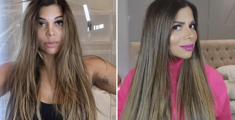 antes e depois: cabelo liso de evelyn regly antes e depois do uso da família novex divino liso milagroso da embelleze