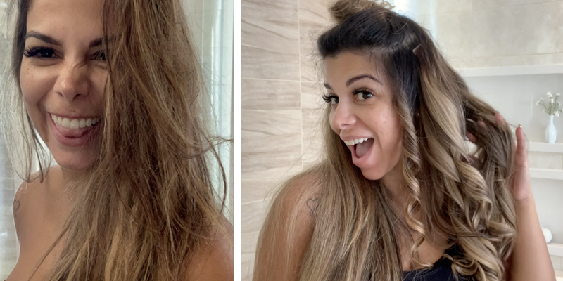 o cabelo de evelyn regly antes e depois de usar o creme de tratamento doctor rícino da ermbelleze.