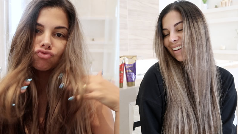 Evelyn Regly mostrando o antes e depois do seu cabelo após o uso da máscara matizadora loiras incríveis da embelleze.