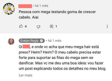 Print de comentário no Youtube. A seguidora diz "pessoa com mega testando goma de crescer cabelo. aiai". A resposta da Evelyn Regly foi: "E onde você acha que meu mega haor está preso? O meu cabelo precisa estar forte para suportar as fitas do mega sem se danificar. Mas você me deu uma boa ideia: vou fazer um post explicando todos os detalhes no meu blog."